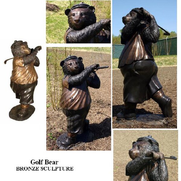 Life Size Bronze Statue Golfing Bear Sculpture Outdoor Garden Decor
